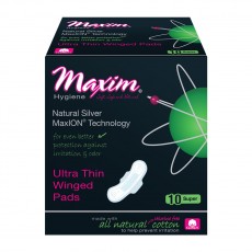 Maxim Hygiene, 초슬림 날개 패드, 천연 실버 맥스이온 기술, 슈퍼, 10 패드