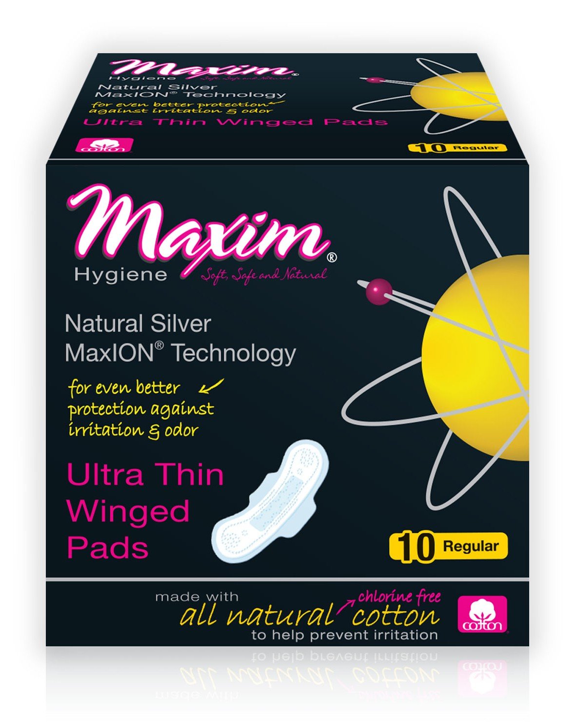 Maxim Hygiene, 100% 천연 코튼 네추럴 실버 맥스이온 초슬림 날개형 Regular, 10 개