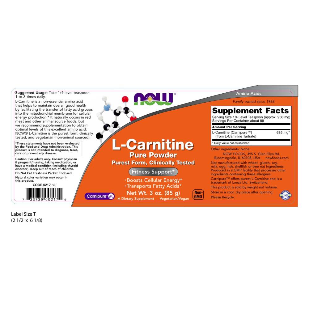  나우 Now, L-카르니틴, 100% 순수 파우더, 3 oz (85 g)