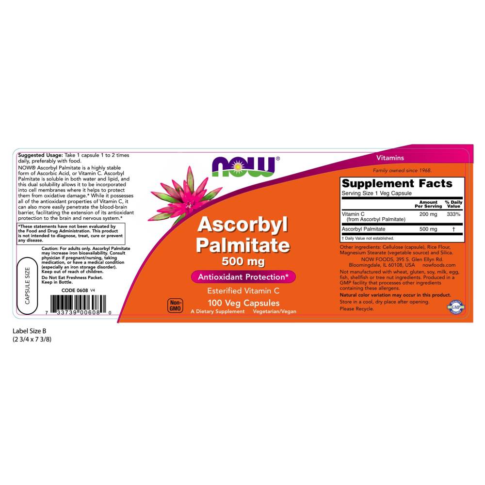 나우 Now, Ascorbyl Palmitate 500 mg, 100 식물성 캡슐