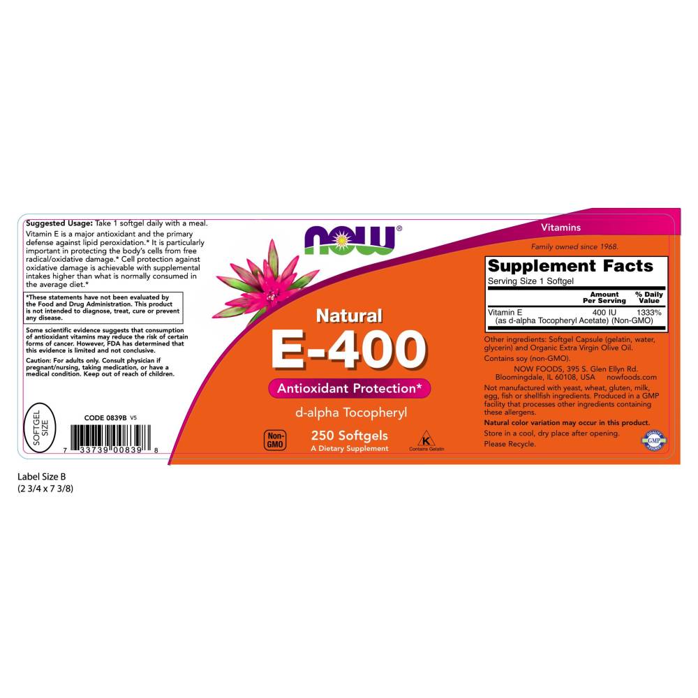 나우 Now, E-400 100% Natural d-Alpha Tocopheryl, 250 소프트젤