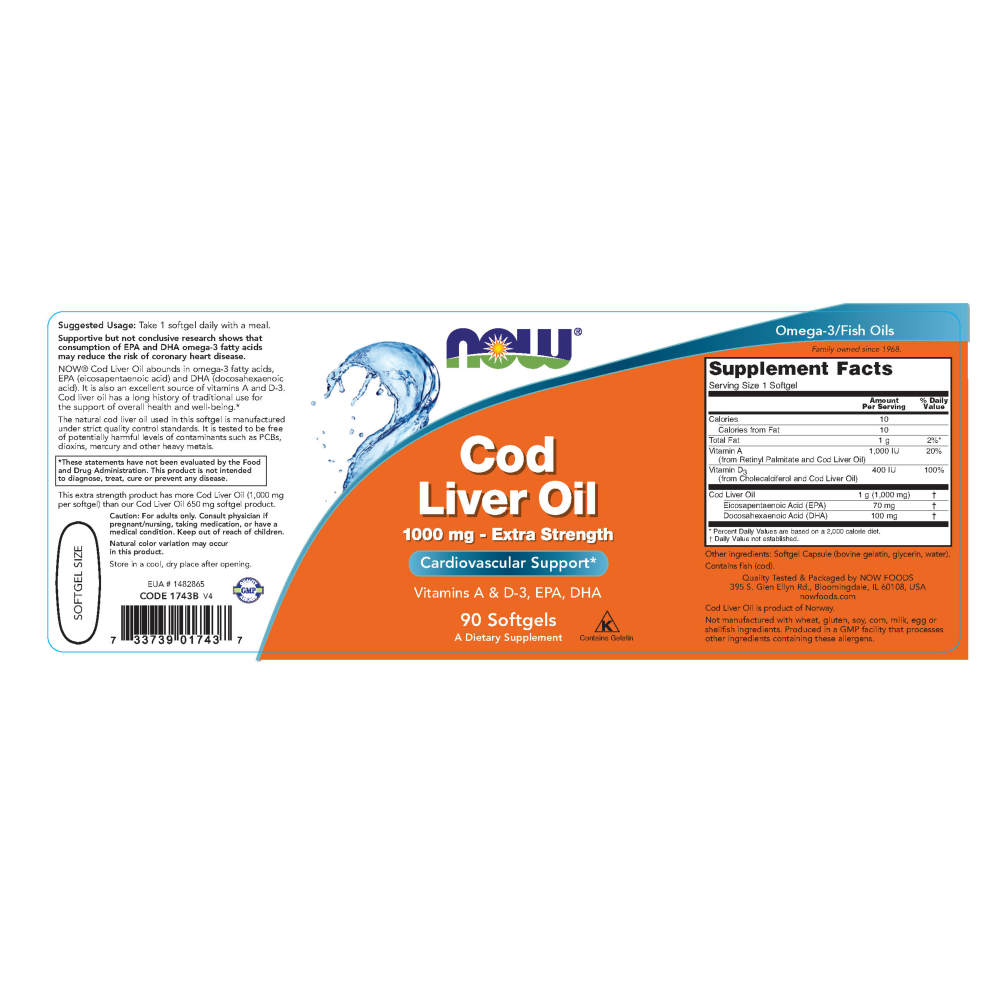  나우 Now, Cod Liver Oil, 엑스트라 스트렝스, 1,000 mg, 90 소프트젤