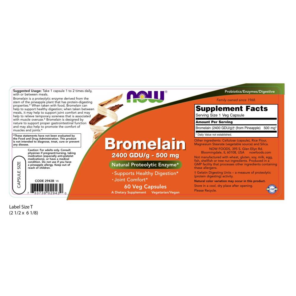  나우 Now, Bromelain 2400 GDU/g 500 mg, 60 식물성 캡슐