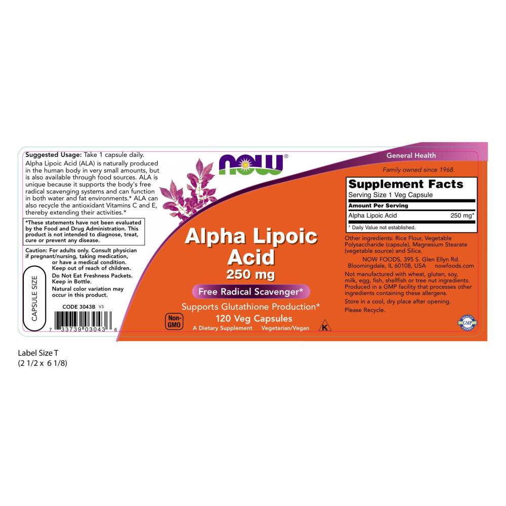  나우 Now, 알파 리포산 250 mg, 120 식물성 캡슐