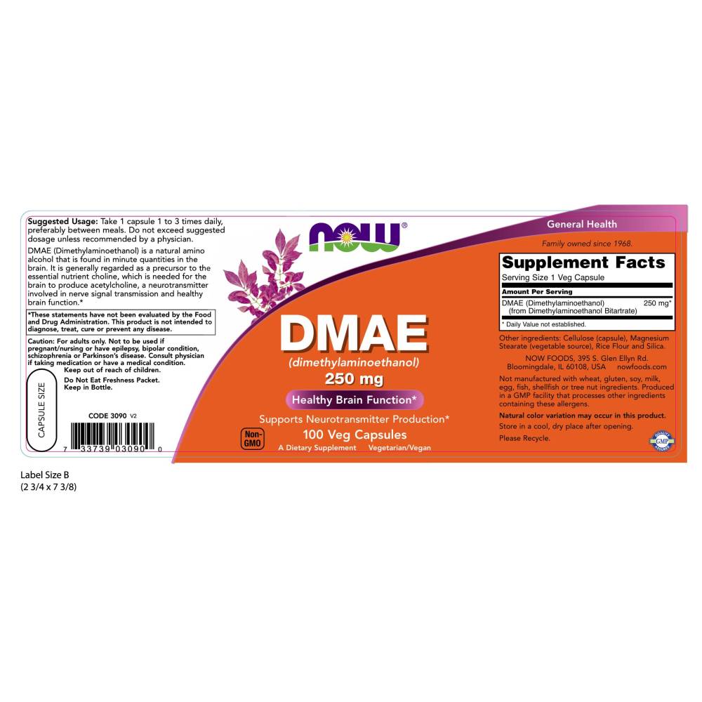  나우 Now, DMAE 250 mg, 100 식물성 캡슐