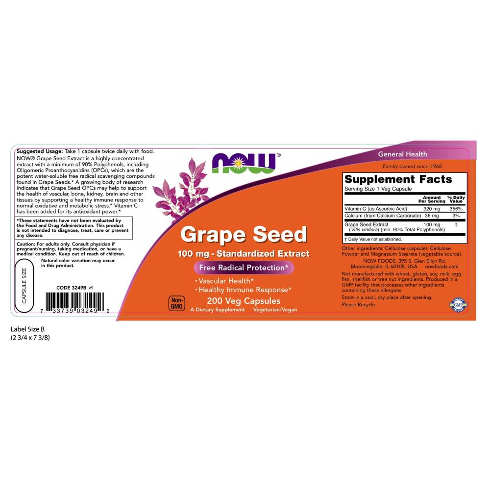  나우 Now, Grape Seed Standardized Extract 100 mg, 200 식물성 캡슐