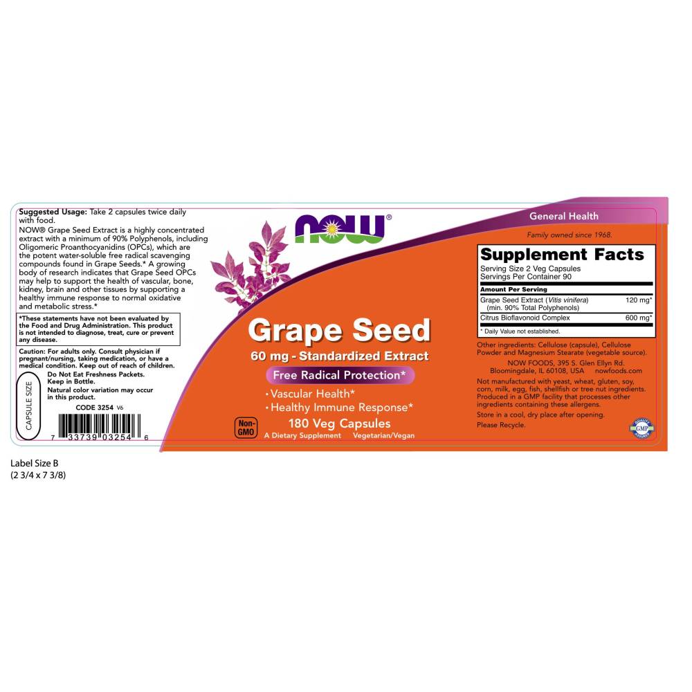  나우 Now, Grape Seed Standardized Extract, 180 식물성 캡슐
