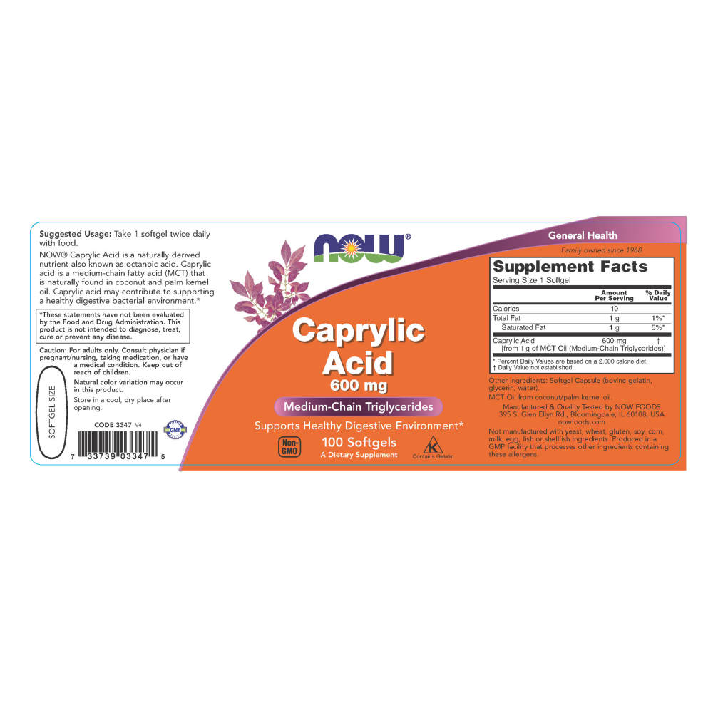  나우 Now, Caprylic Acid, 600 mg, 100 소프트젤