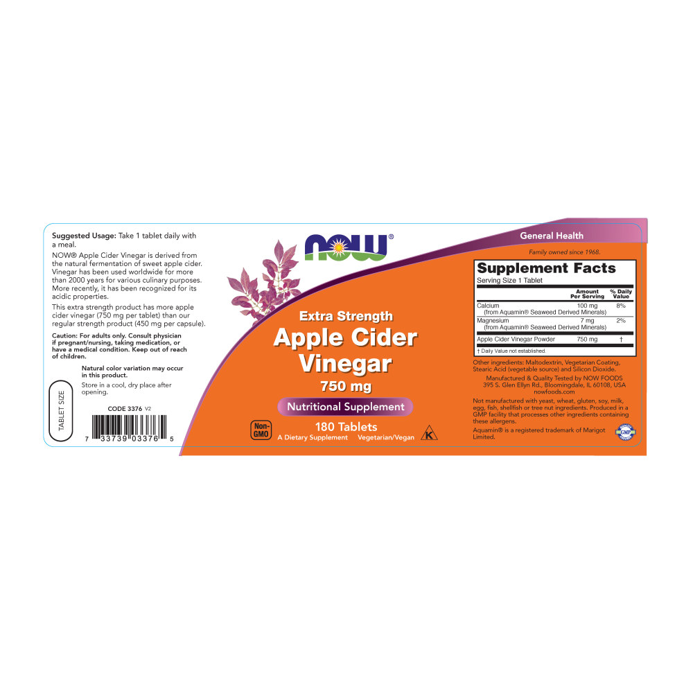  나우 Now, Apple Cider Vinegar, 엑스트라 스트렝스, 750 mg, 180 타블렛
