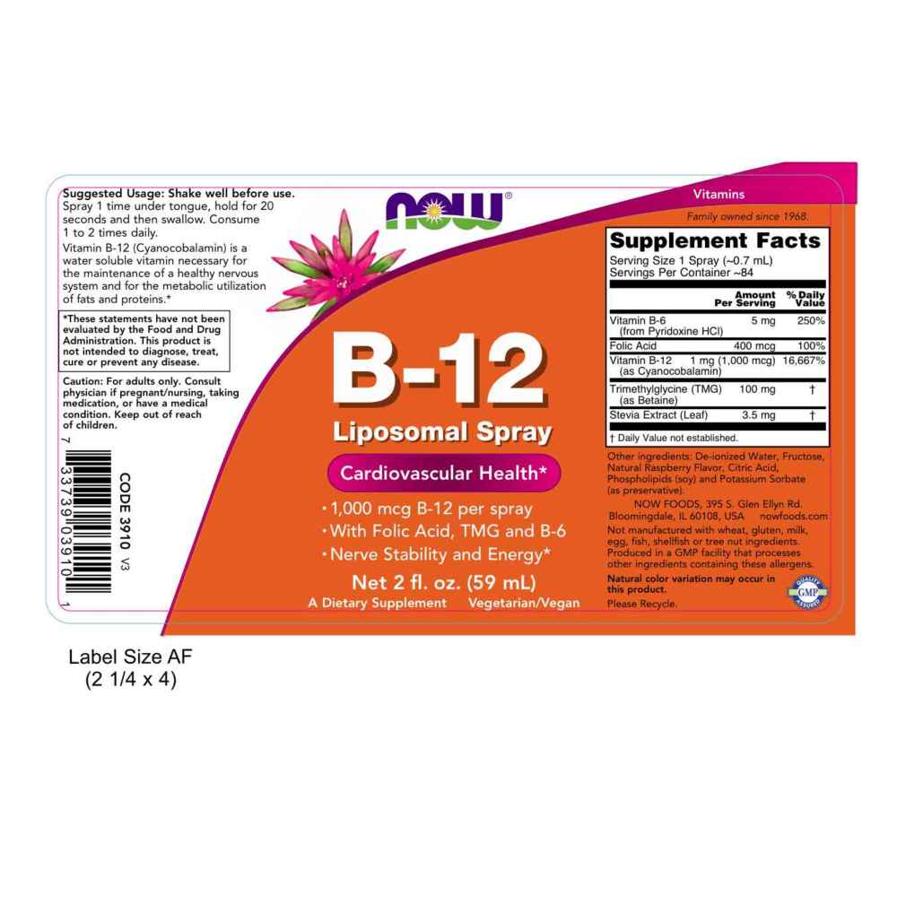  나우 Now, B-12 Liposomal Spray, 1000 mcg/spray, 2 fl oz (60 ml)
