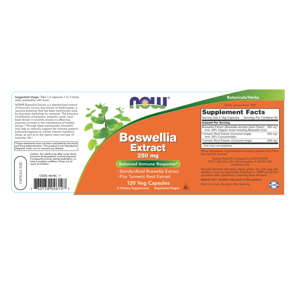 나우 Now, 보스웰리아 추출물, 250 mg, 120 식물성 캡슐