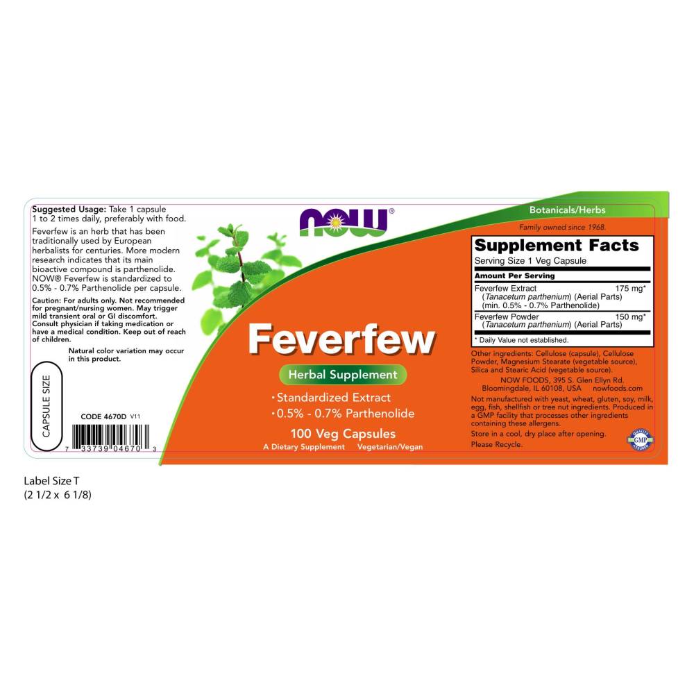  나우 Now, Feverfew 400 mg, 100 캡슐