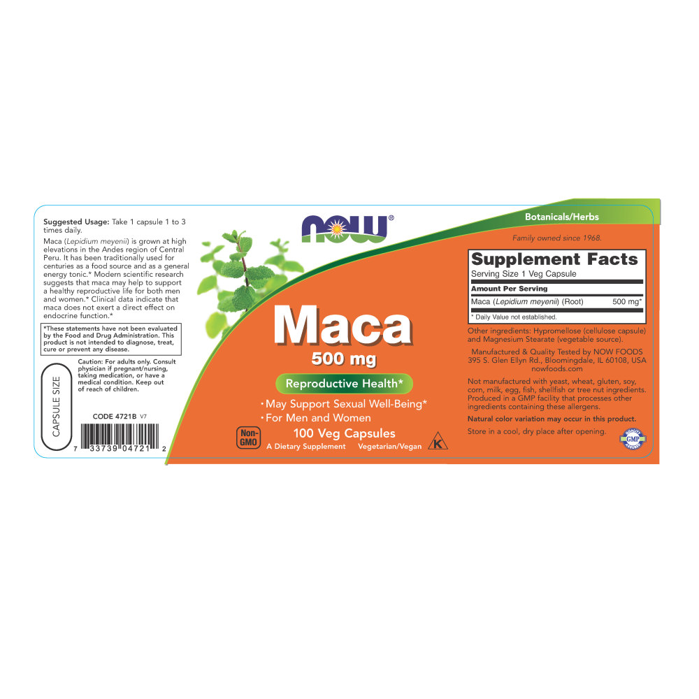  나우 Now, Maca 500 mg, 100 캡슐
