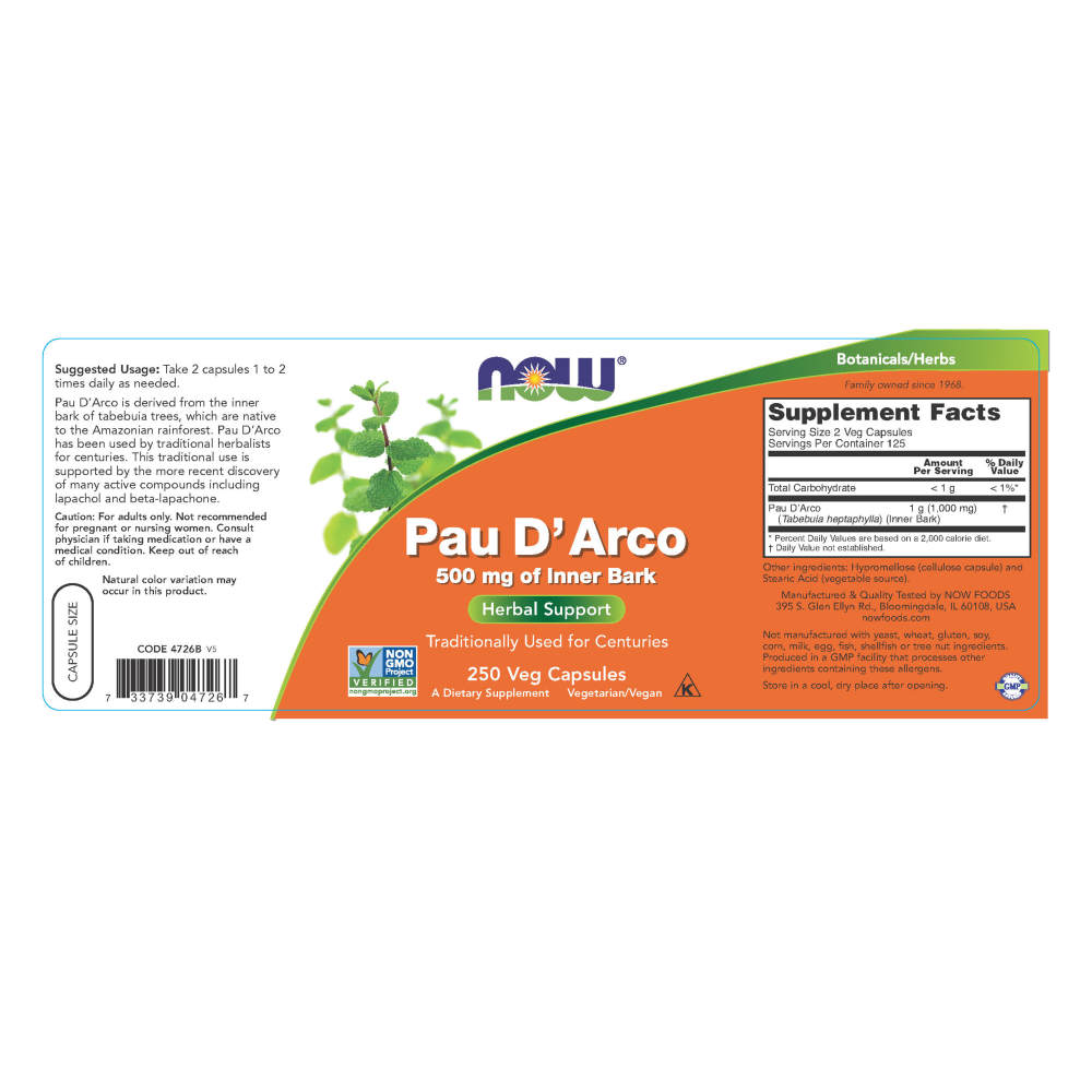  나우 Now, Pau D\' Arco 500 mg, 250 캡슐