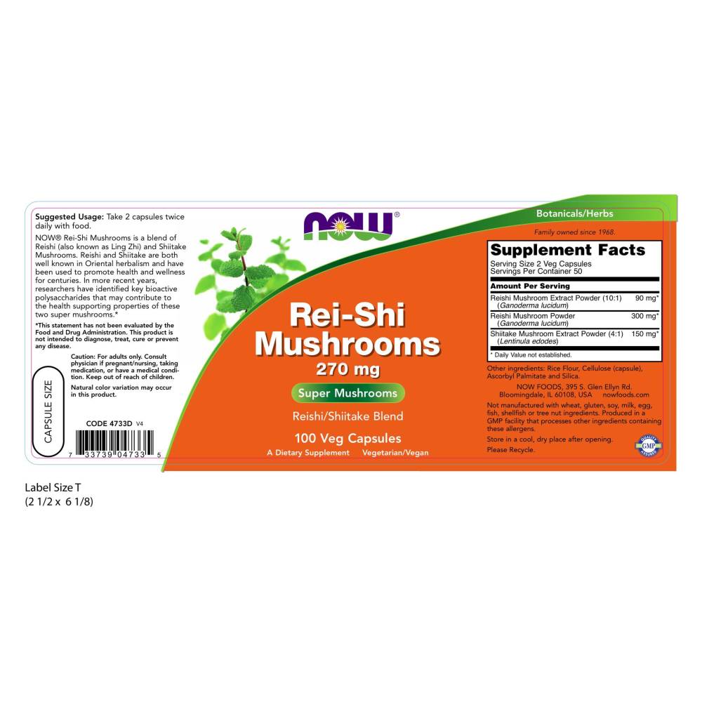  나우 Now, Rei-Shi Mushrooms 270 mg, 100 캡슐