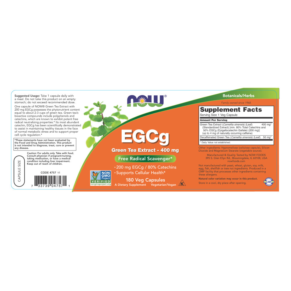  나우 Now, EGCg, Green Tea Extract, 400 mg, 180 식물성 캡슐