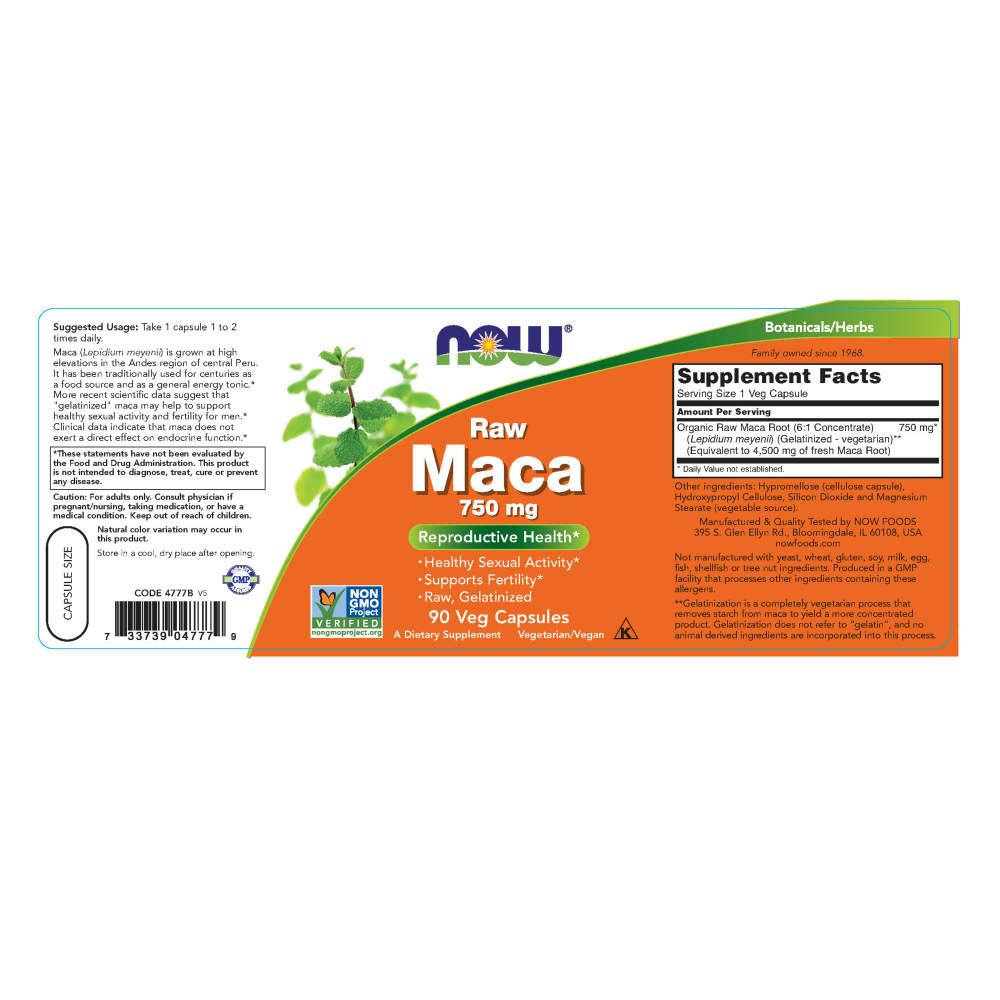  나우 Now, Maca, Raw, 750 mg, 90 식물성 캡슐