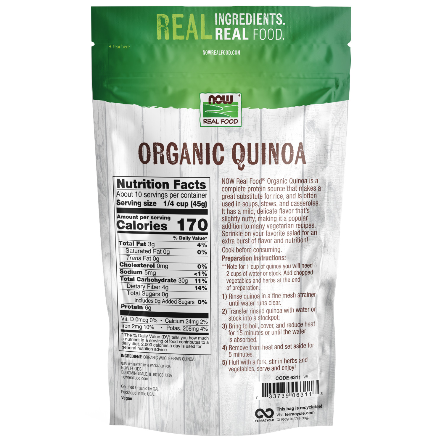 나우 Now, Certified 유기농 퀴노아 (Quinoa), Whole Grain 16 oz (454 g)