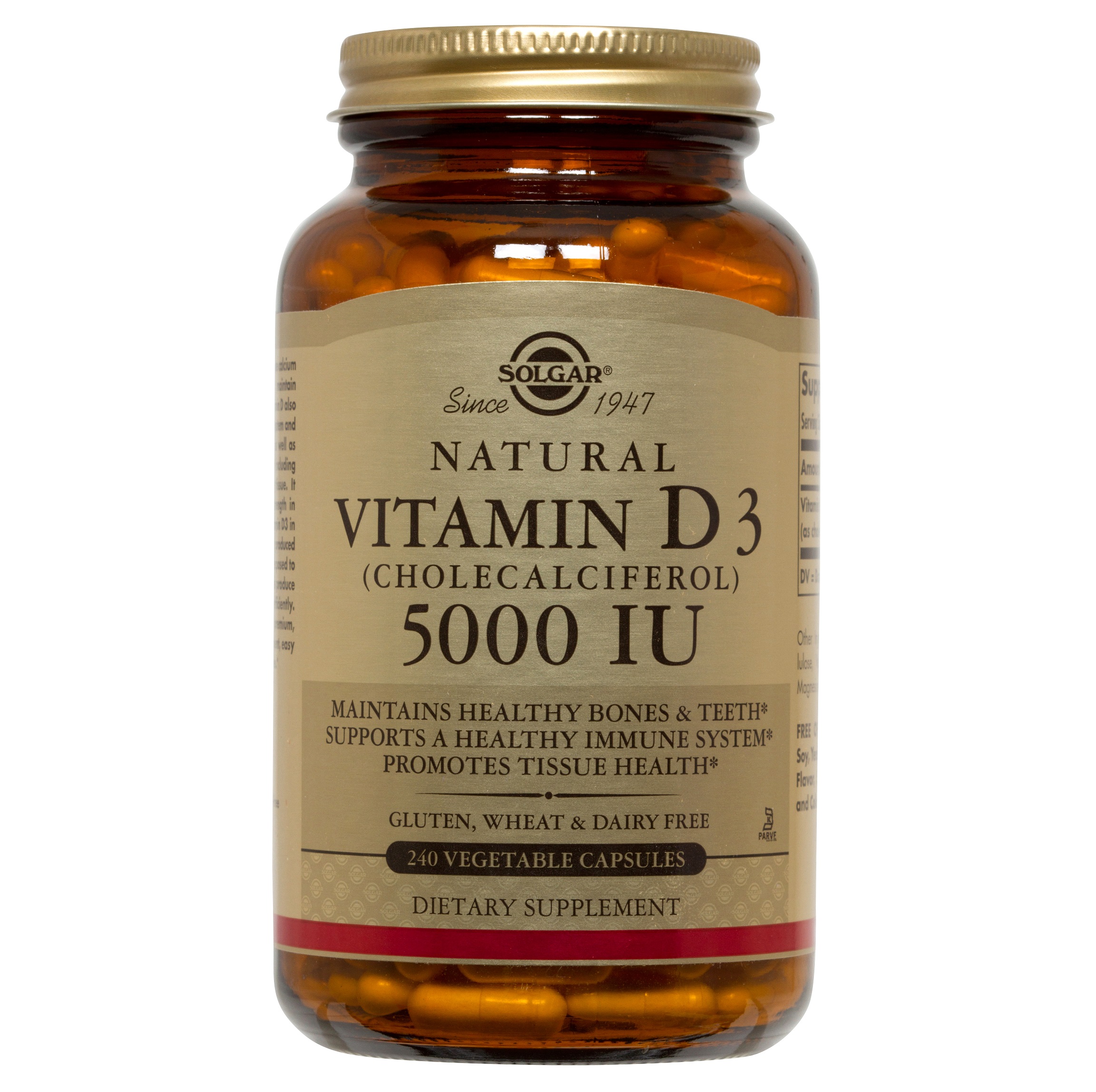 솔가, 내추럴 비타민 D3 (콜레칼시페롤) 5000 IU, 240 Vegetable Capsules