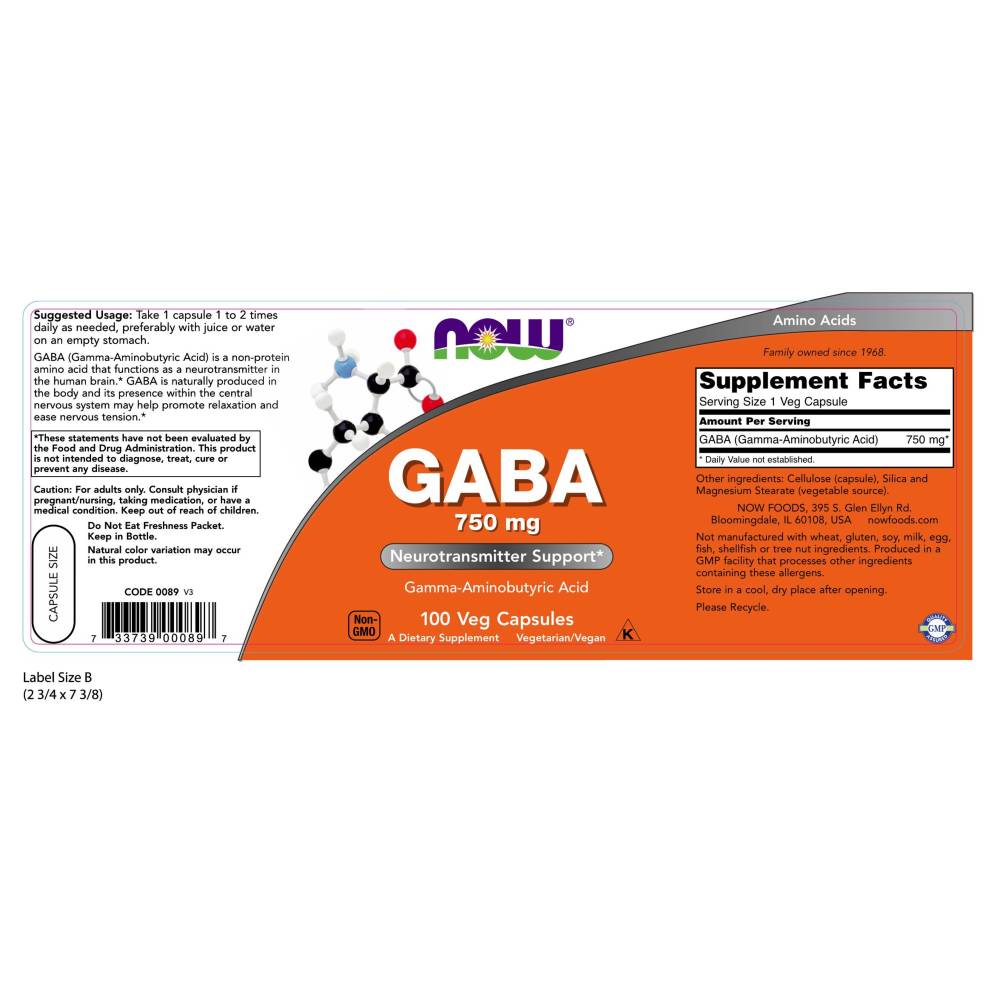  나우 Now, GABA 750 mg, 100 식물성 캡슐