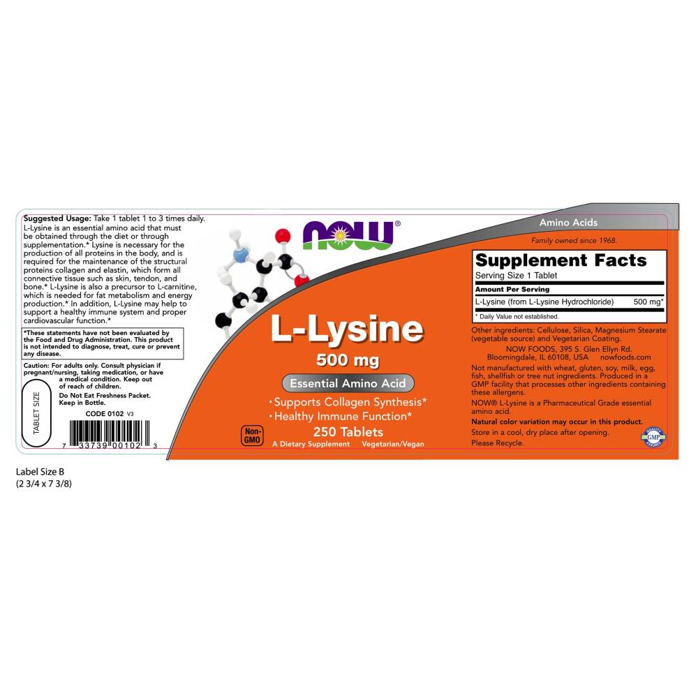  나우 Now, L-라이신 500 mg, 250 타블렛