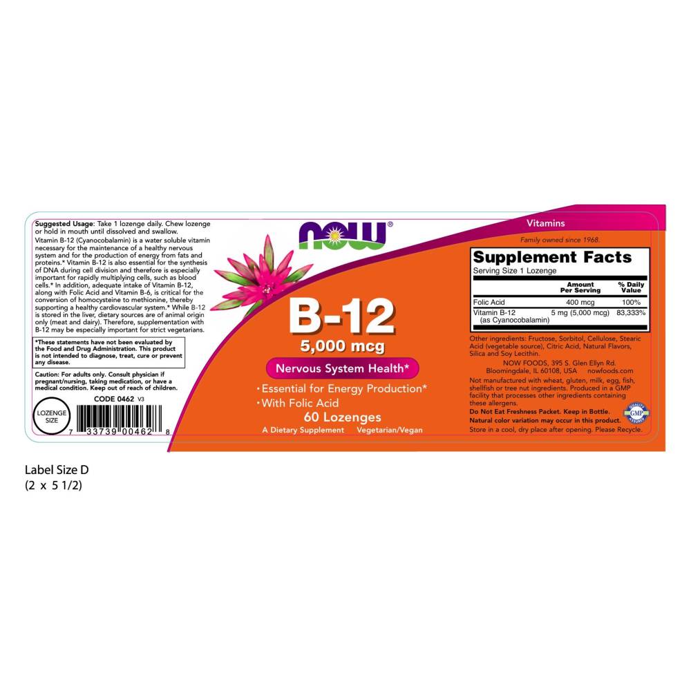  나우 Now, B-12 With 400 mcg Folic Acid 5000 mcg, 60 Lozenges