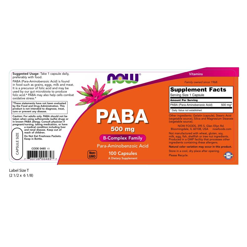 나우 Now, PABA 500 mg, 100 캡슐