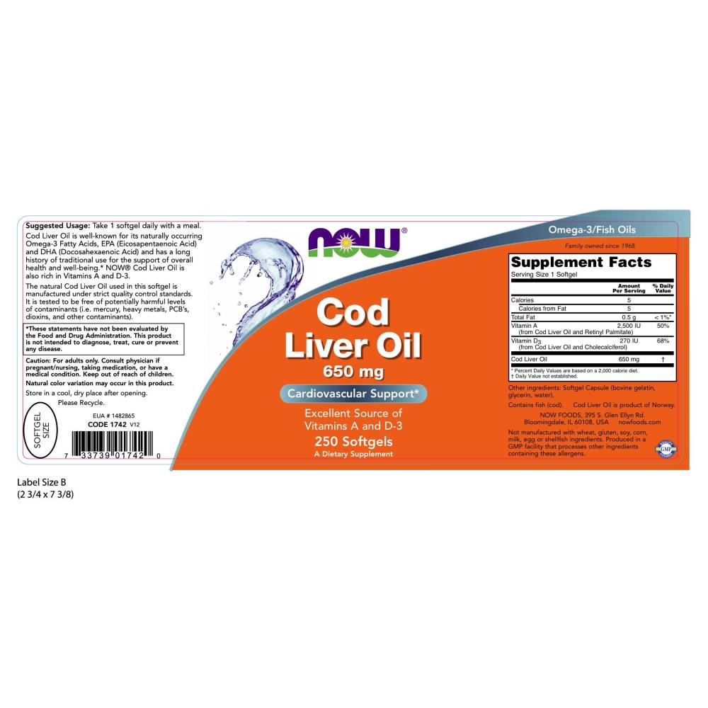  나우 Now, Cod Liver Oil 650 mg, 250 소프트젤