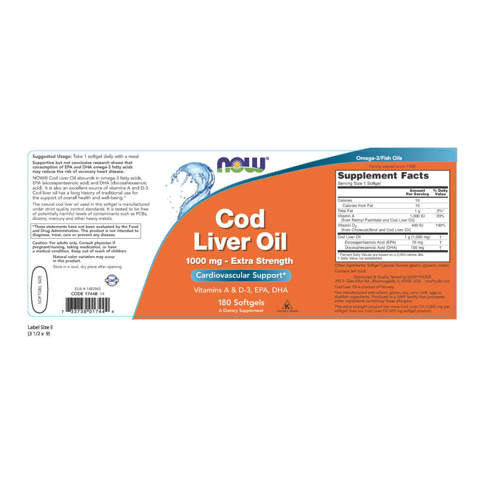  나우 Now, Cod Liver Oil, 1,000 mg, 180 소프트젤