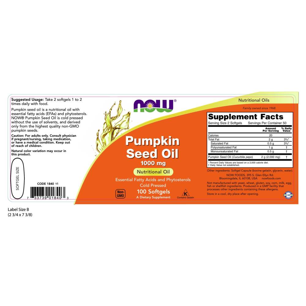  나우 Now, Pumpkin Seed Oil 1000 mg, 100 소프트젤