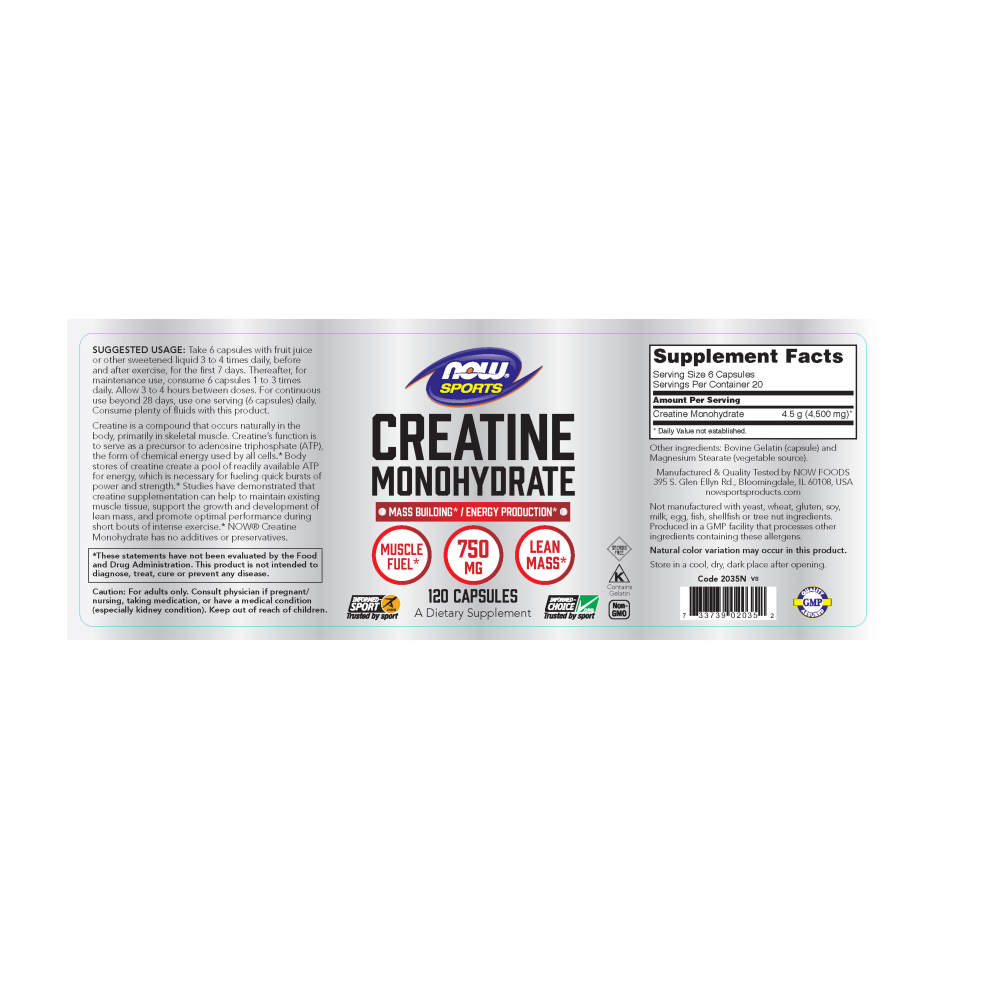  나우 Now, Creatine Monohydrate 750 mg, 120 캡슐