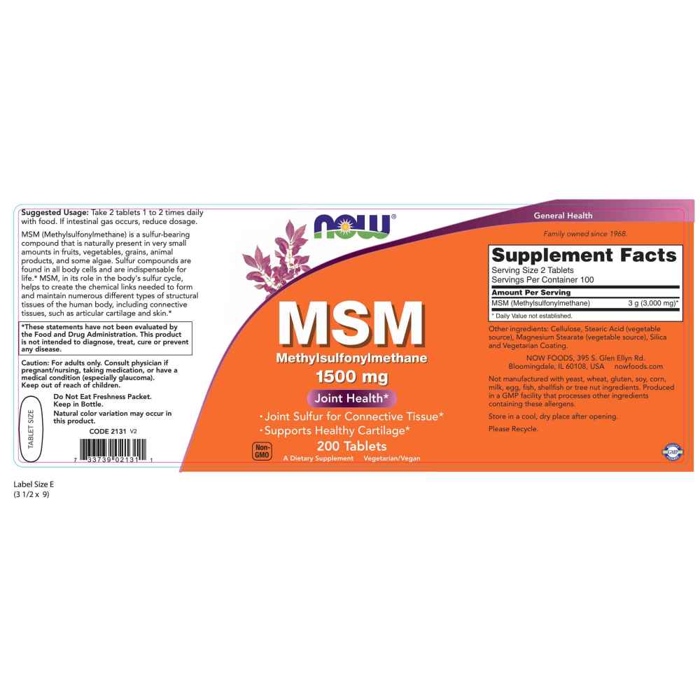 나우 Now, MSM, 1500 mg, 200 타블렛