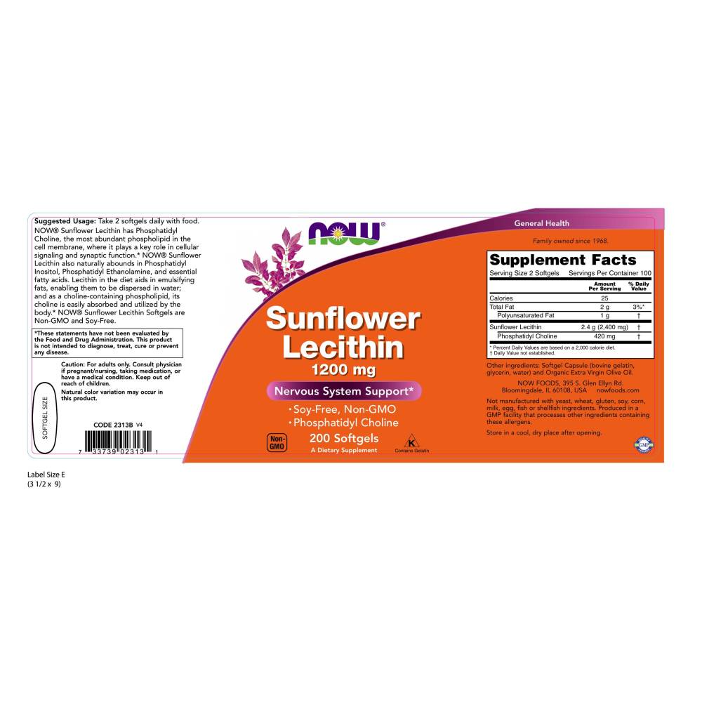  나우 Now, Sunflower Lecithin, 1200 mg, 200 소프트젤