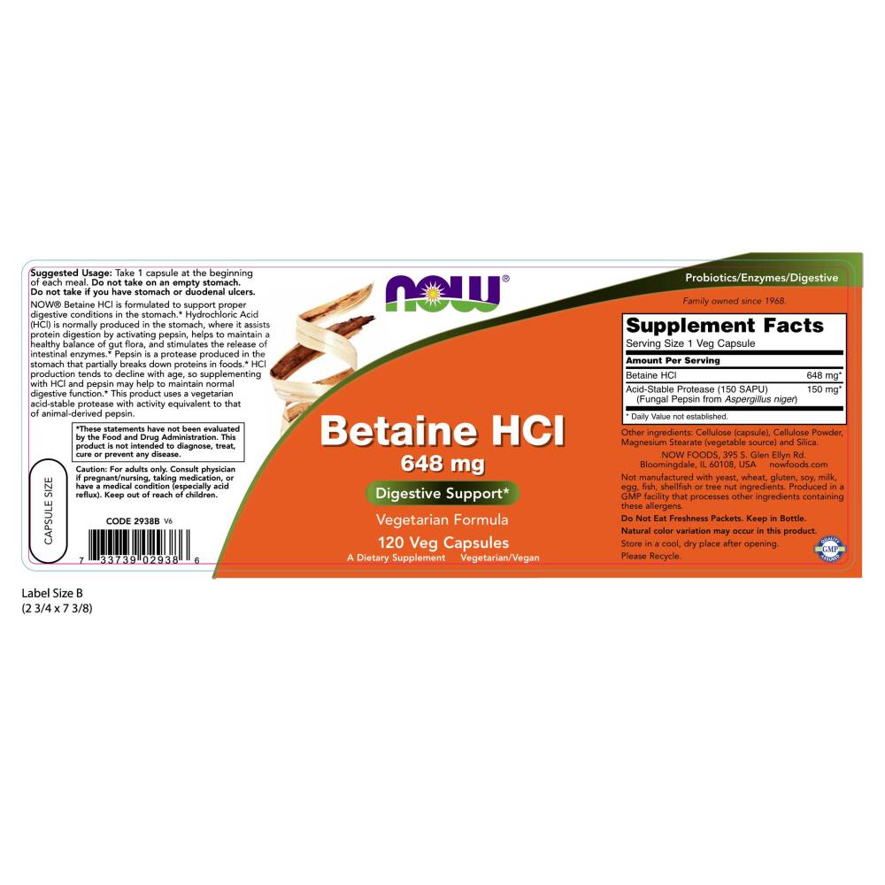 나우 Now, Betaine HCl 648 mg, 120 캡슐