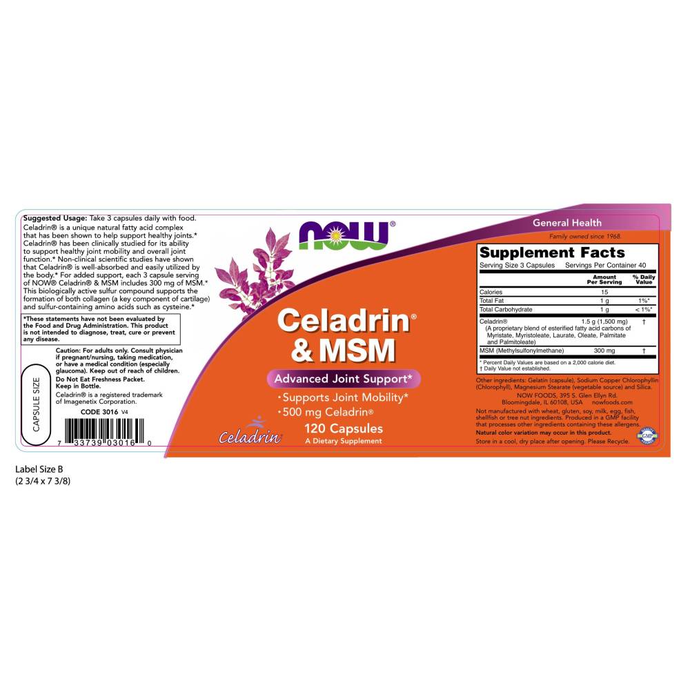 나우 Now, Celadrin & MSM 500 mg, 120 캡슐