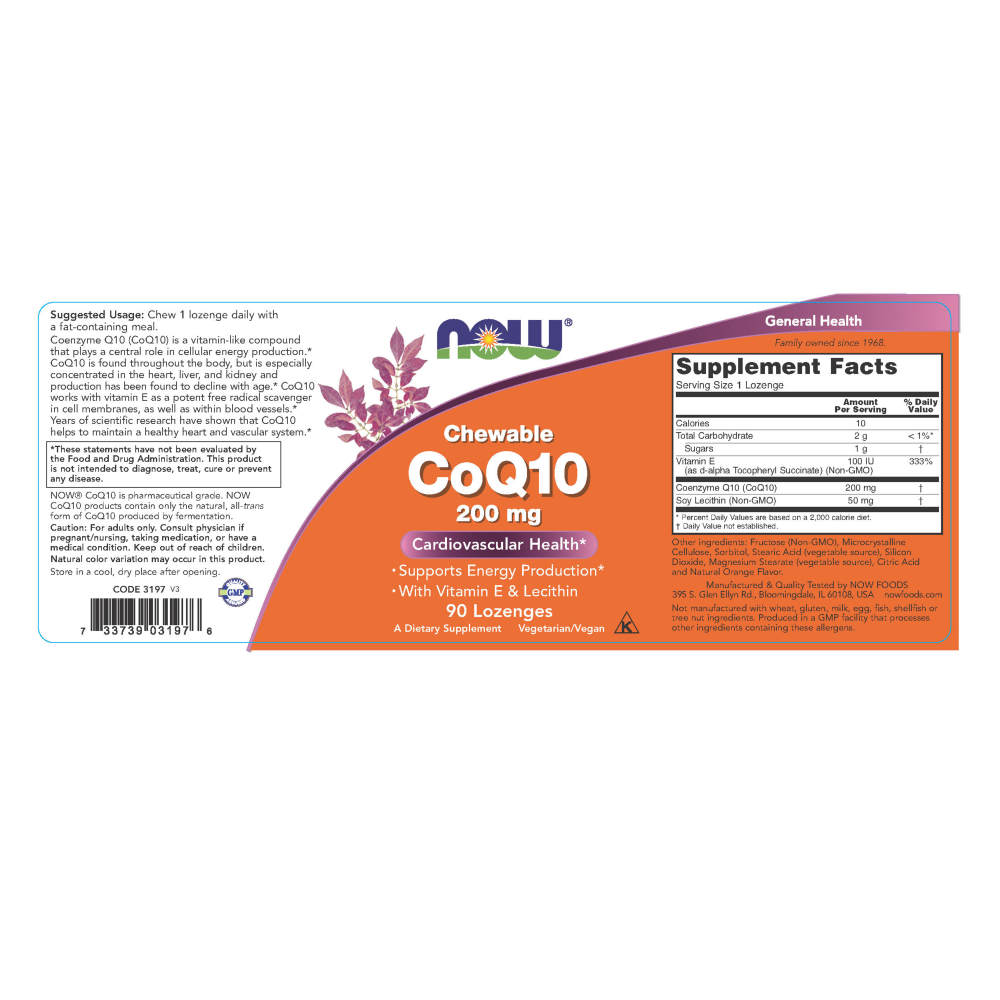  나우 Now, 츄어블 CoQ10 200 mg, 90 Lozenges