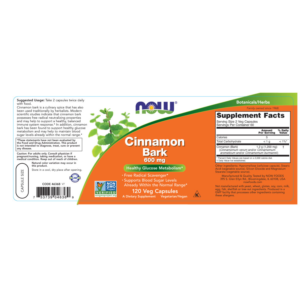  나우 Now, Cinnamon Bark 600 mg, 120 캡슐