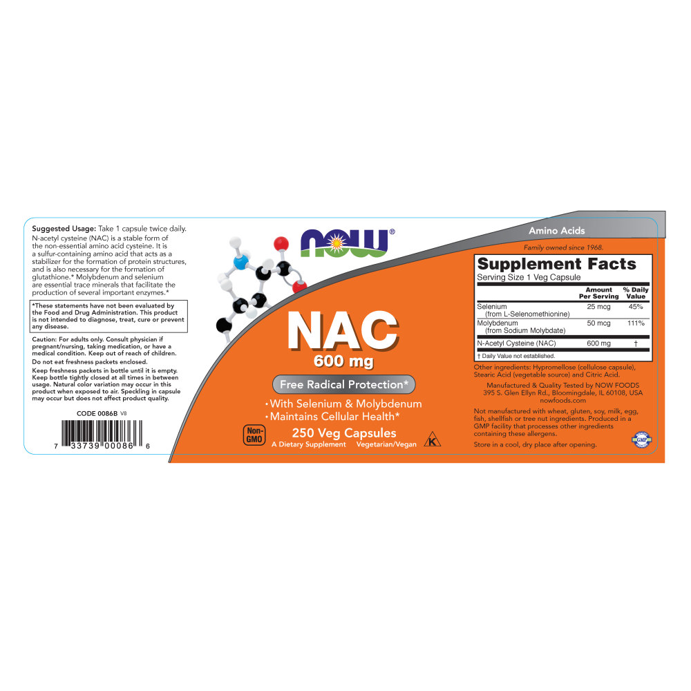 나우 Now, NAC 600 mg, 250 Veg Capsules