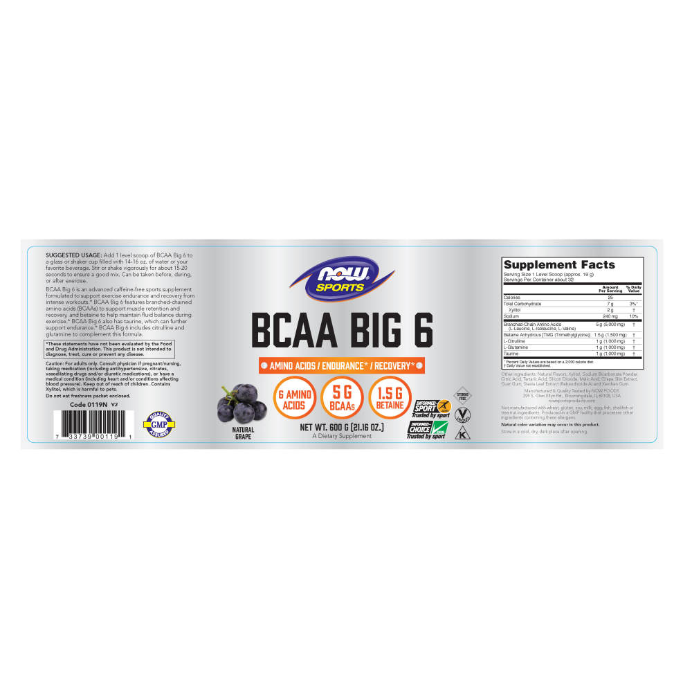 나우 Now, BCAA Big 6, 천연 포도맛 파우더, 600 g