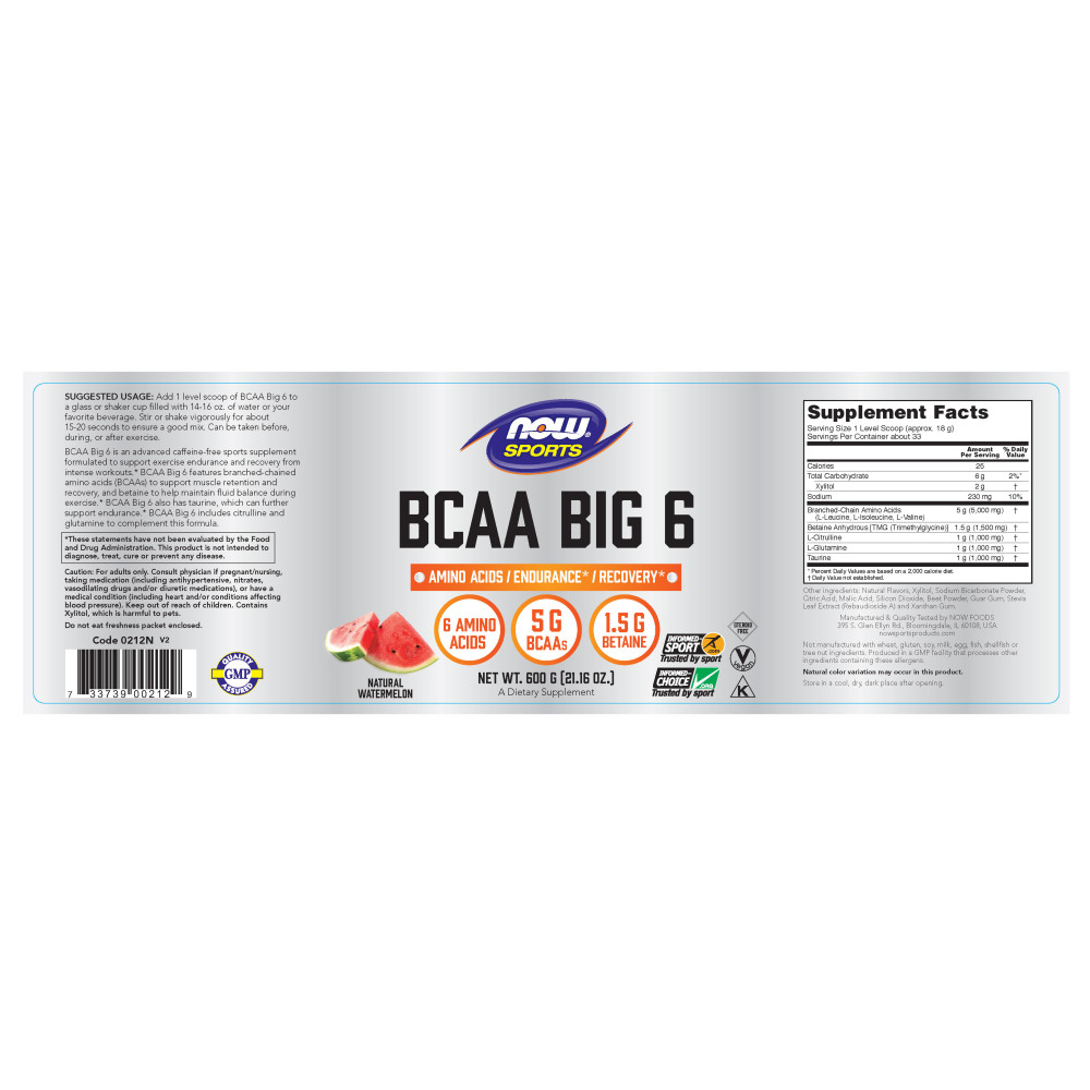 나우 Now, BCAA Big 6, 천연 수박맛, 600 g